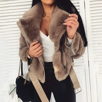 faux fur overcoat casual slim short jackets tops winter zipper belt lace up women outerwear fashion new warm coats lady 2021