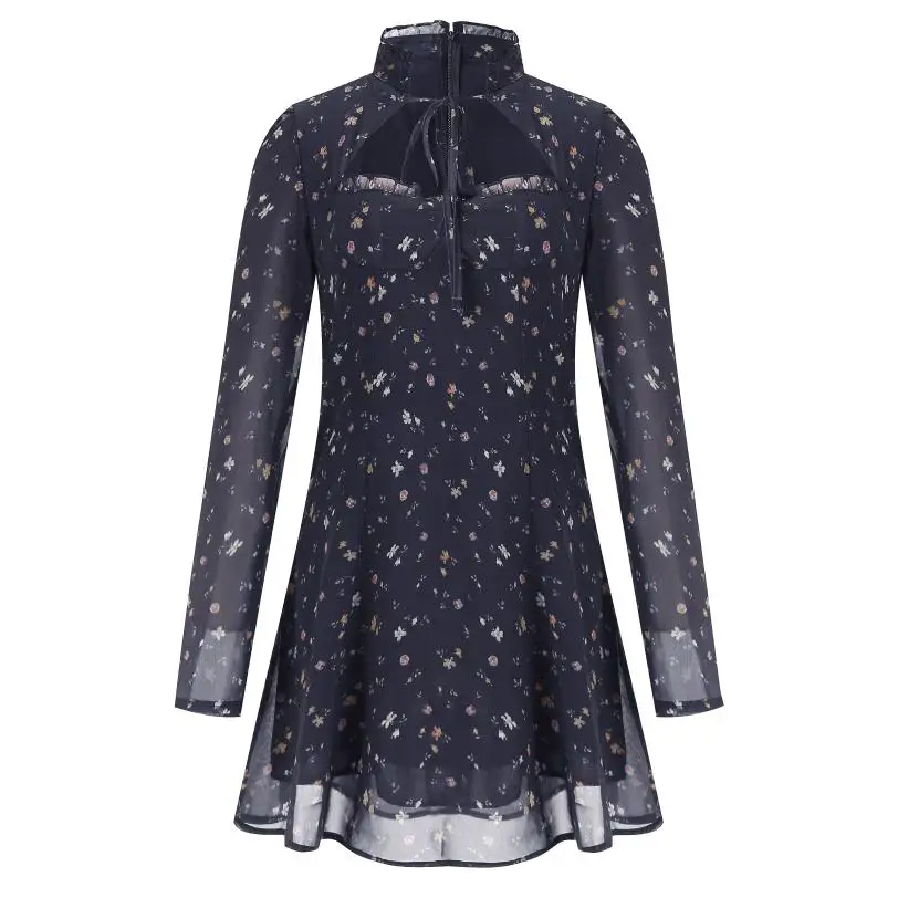 Женское шифоновое платье с длинным рукавом Черное вечернее лямкой на шее и