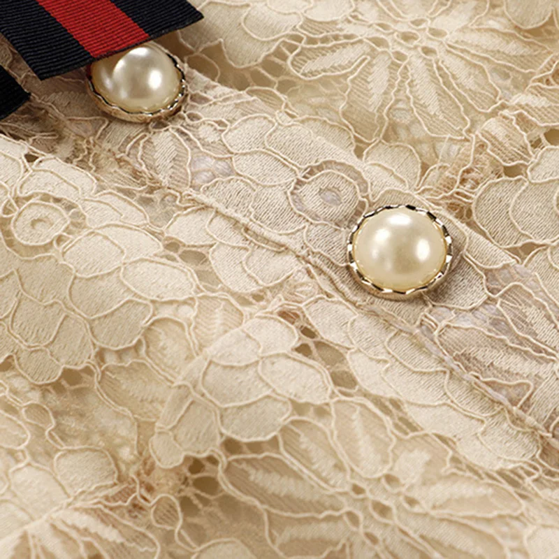 

Summer Lace Hollow Out Dress Runway Women Brooch Short Sleeve Bodycon Party Dress Fashion Pearl Buttons Single Breasted Dress