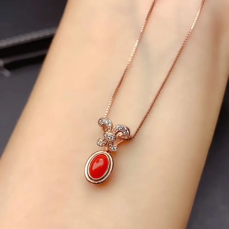 

classic red coral pendant of necklace for women ornament real 925 silver gold plated bright red color gem girl birthday gift