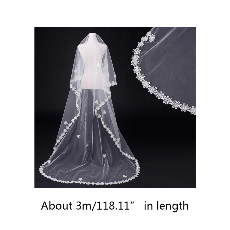 

Wedding Bridal Veil Hair Accessories for Bride Lace Trim 1-Layer Tulle with Flowers Rim Cathedral-Length Chapel-Veils