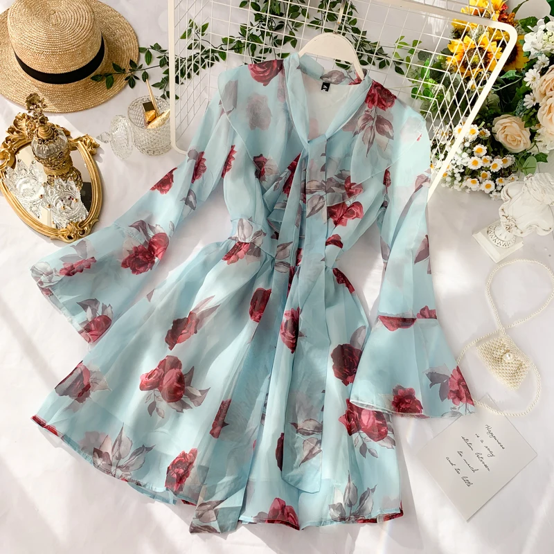 

2021 New Sweet Lace-up Bow Neck Ruffled Chiffon Dress Women Long Flare Sleeve Floral Print Elegant Party Vestidos