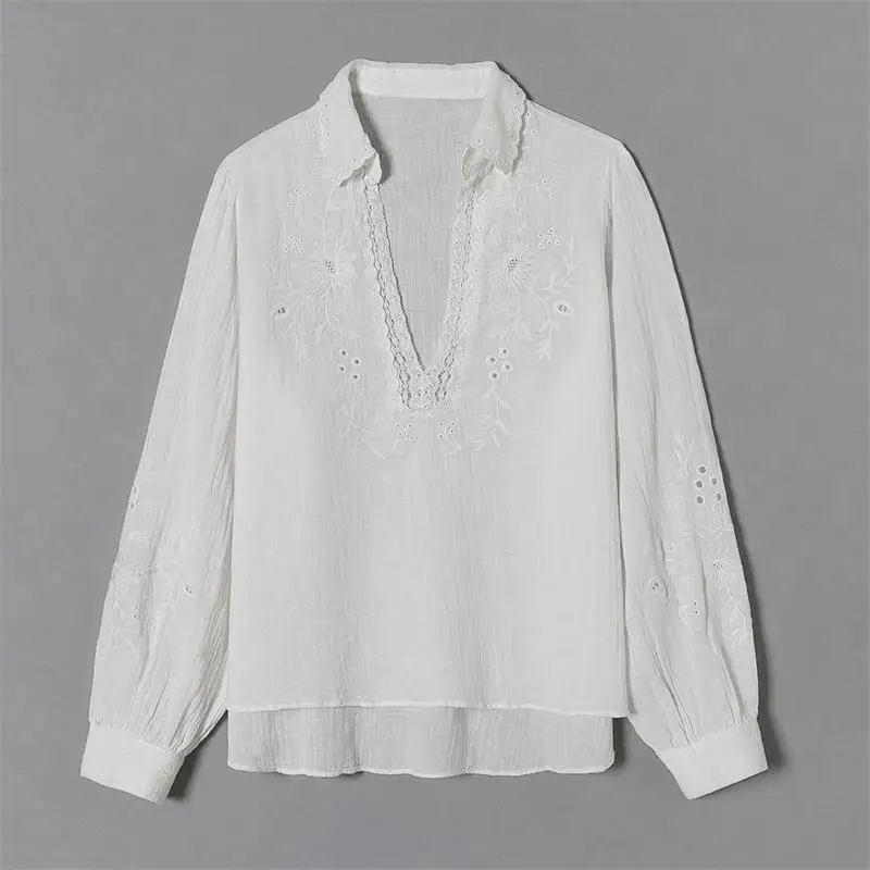 

ZA Summer Women Embroidery Blouse Office Lady Solid Fashion Shirt Long Sleeve V-Neck Female Loose Hollow Out Thin Top