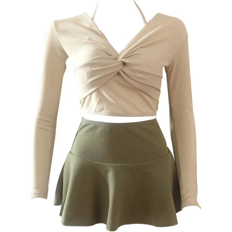 

New Three Piece Swimsuit Women Long Sleeve Beige Swimwear V-neck Chest Twist Rash Guard Korean Style Skirted Bathing Suit Padded