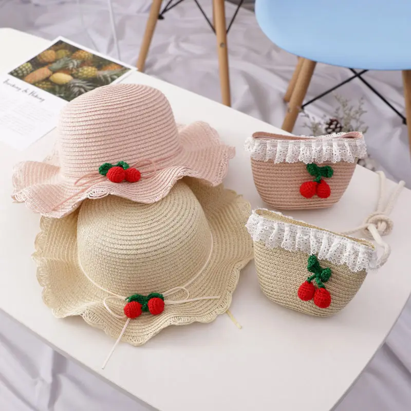 

2021 Girl Coin Purse Straw bag Children Wallet Small Coin Bag Cute Kid Baby Crossbody bags for 2-8 years old girls Give a hat