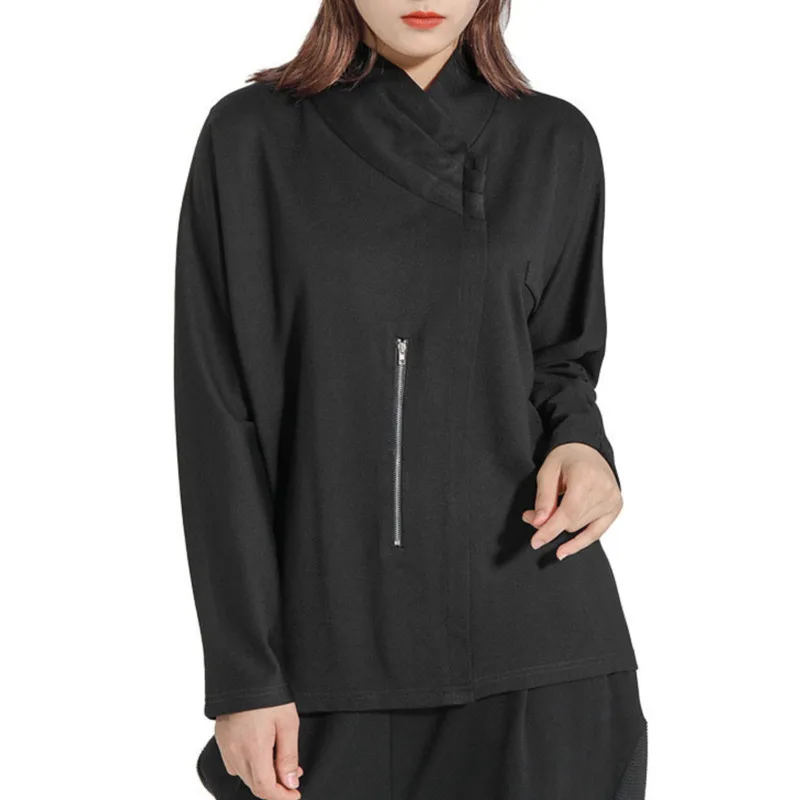 

IEQJ Women Big Size Black Zipper T Shirt New Stand Collar Long Sleeve Loose Fit Shirt Fashion Tide Spring Autumn 2021 3D0162