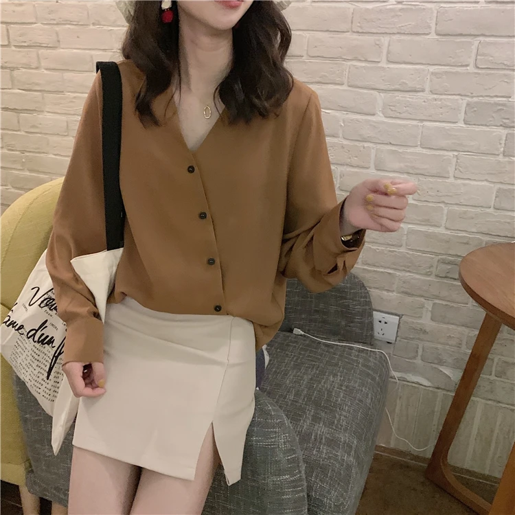 

sweet v-neck Spring and autumn black button full Women's Clothing tops fashion brand camisa feminina shirts high quality Korean