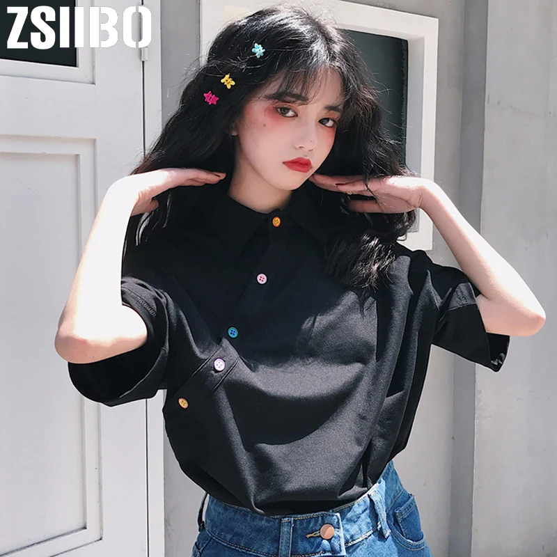 

Летняя женская футболка, милый женский Асимметричный топ на пуговицах, милая однотонная женская одежда с круглым вырезом, 2019