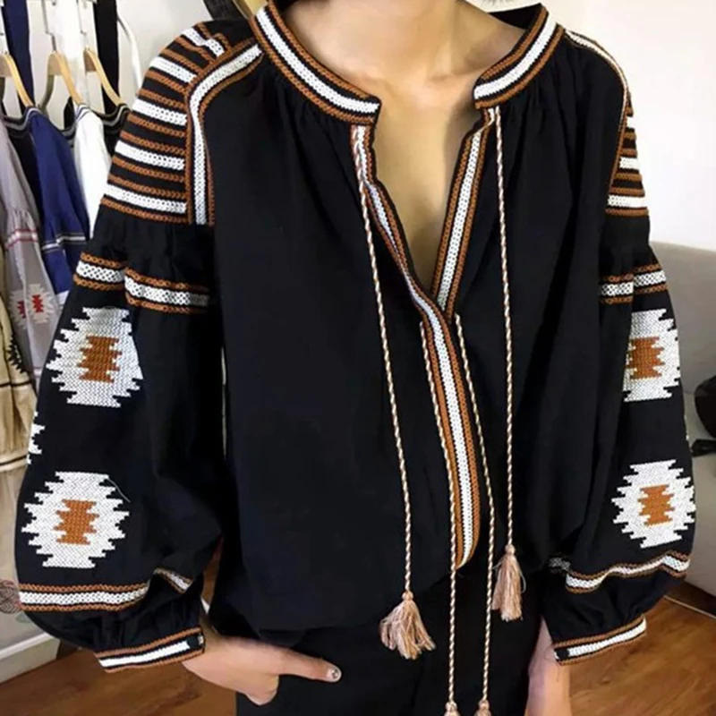 

Palenda Women Lantern Sleeve Embroidery Blouses Casual Shirts Loose