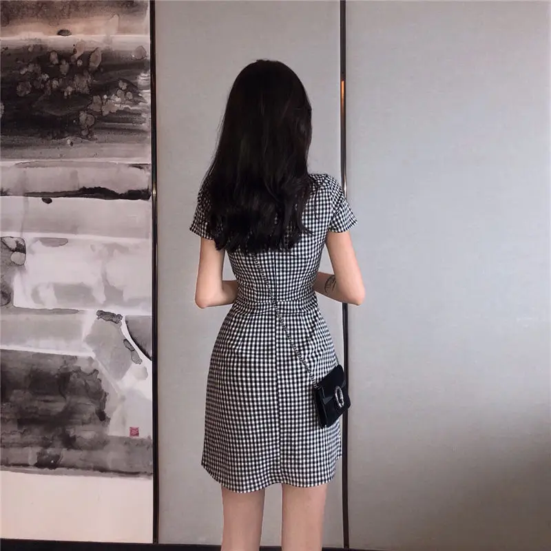 

V-neck ruffle sleeves Black plaid women dress Lace up short sleeve high waist knee length dress Summer elegant lady dress