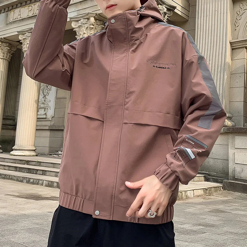 Мужская Осенняя Рабочая куртка со стоячим воротником и капюшоном Уличная Черная