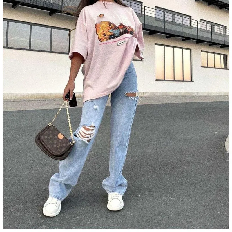 

Women's 2021 New Summer Fashion Ripped Hole Wash Straight Trousers Jeans Women Solid Casual Long Jeans