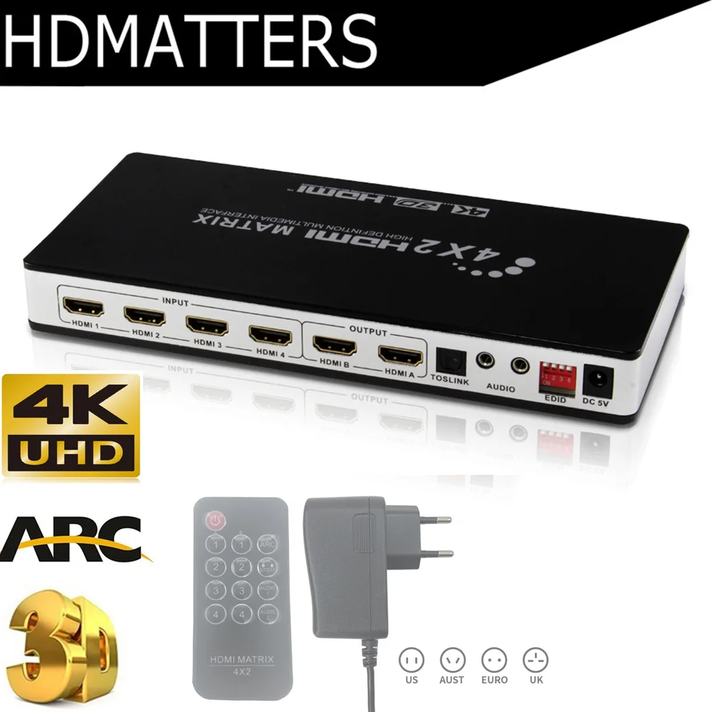 HDMI матричный 4X2 Переключатель сплиттер с toslink и стерео аудио 4k X 2 K/30 HZ поддерживается
