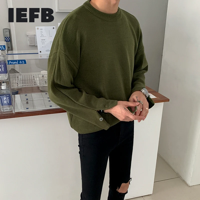 

IEFB autumn winter kint sweater men's Korean loose solid bottom kintwear trend split long sleeve vintage round collar pullovers