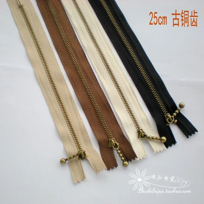 

20 Pcs/lot 25cm Cheap Vintage Metal Zipper for Sewing Art DIY Gold Bronze Close End Off White Black Red Handbag Accessories