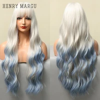 henry margu long wavy blue white ombre synthetic wigs cosplay highlight wig for women natural hair wig with bangs heat resistant