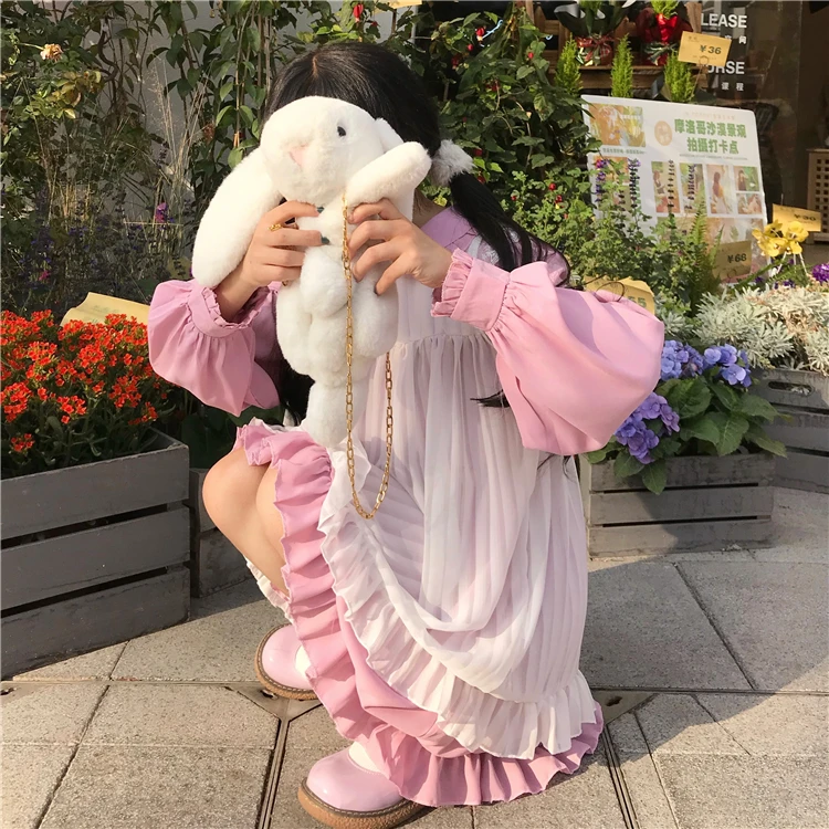 

Kawaii Sweet Cute Girls Lolita Dress Princess Maid Vintage Ruffles Dresses Puff Sleeve Red Black Pink Round Collar Women Dress