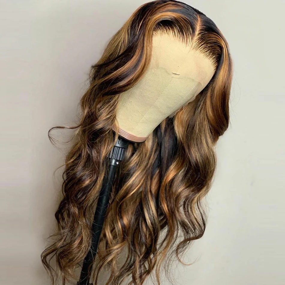 Remy Highlight Body Wave Lace Front Wig 1b/30 Ombre Honey Brown Colored Human Hair Wigs 180% Density | Шиньоны и парики