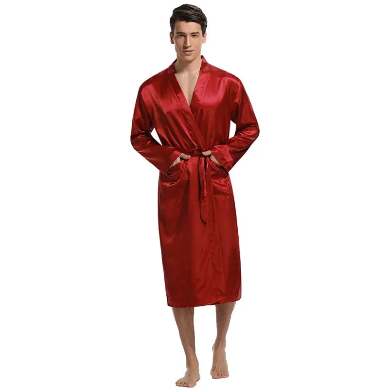 Male Robe Sleepwear Faux Silk Nightwear Casual Kimono Bathrobe Gown Solid Nightgown Homewear Men Loungewear Home Clothes