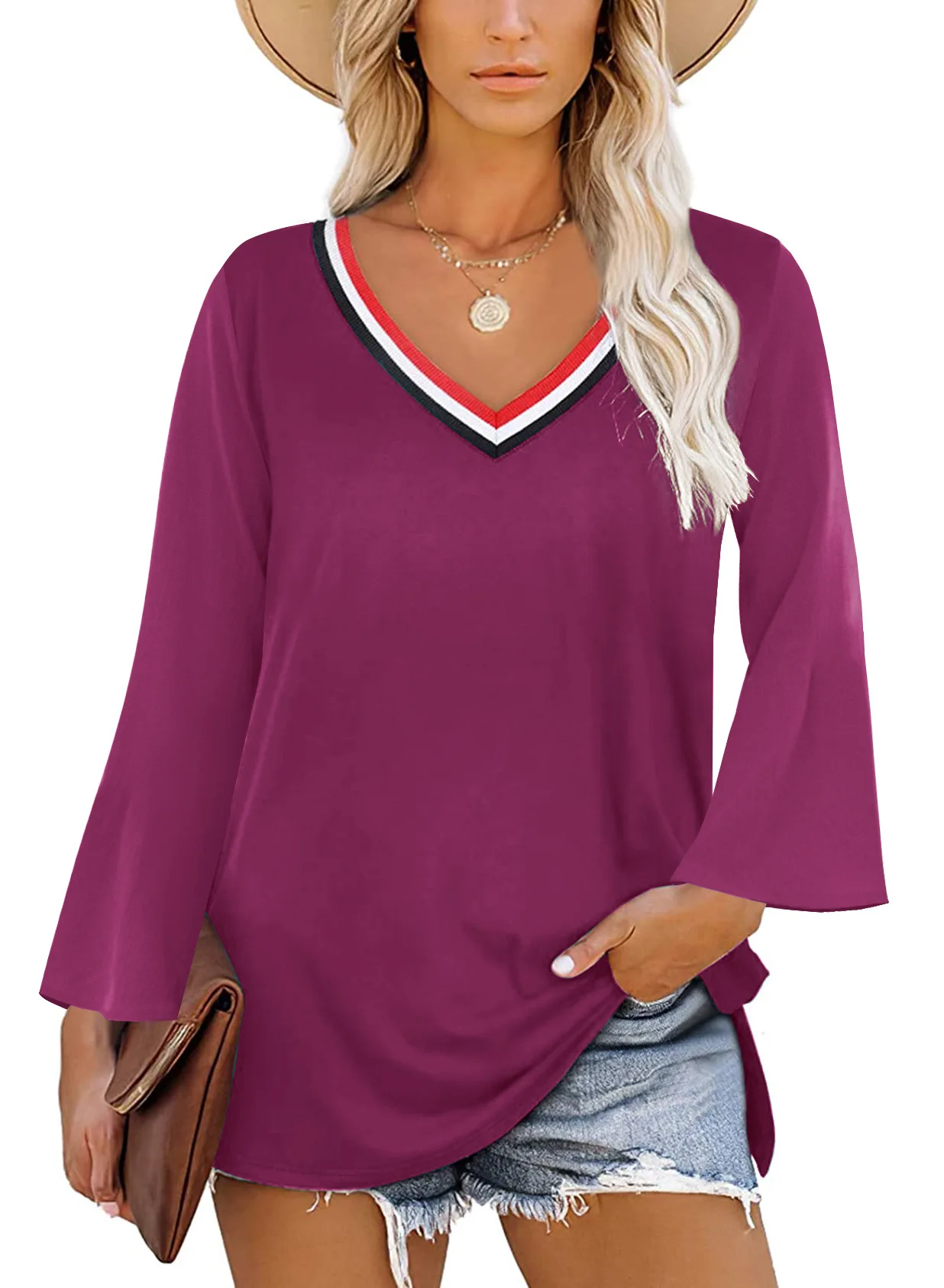

Loose Tops Women Fashion V-neck Flare Sleeve V-neck Tops& Tees Autnme T-shirts Female Casual Tops