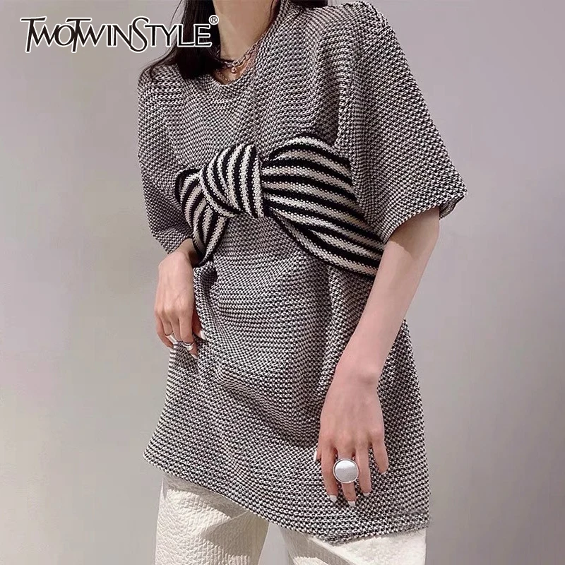 

TWOTWINSTYLE Striped Casual T Shirt For Women O Neck Short Sleeve Patchwork Bowknot Loose Korean T Shirts Female Summer Fashion
