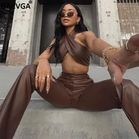 gacvga pu leather sexy 2 two piece sets women club outfits halter cross crop top brown pants suits female autumn matching sets