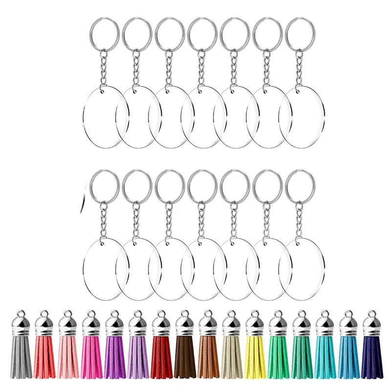 

64 Pcs Acrylic Transparent Discs Blank Keychains Circle Key Chains and Tassel Pendant Keyring for DIY Project and Crafts