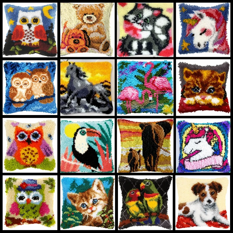 

Hot! Animal Embroidery Craft Latch Hook Pillow DIY Cartoon Style Patterns Cross Stitch Needlework Cushion Home Decoration DIY
