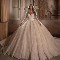 luxurious ball gown wedding dresses lace beaded long sleeve sequins bridal gowns custom made puffy vintage vestido de novia