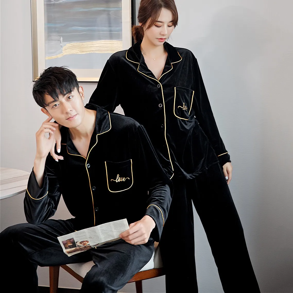 

Soft Lovers Pajamas Suit Velvet 2PCS Shirt&Pants Sleepwear Velour Home Clothes Autumn New Nightwear Couple Intimate Lingerie