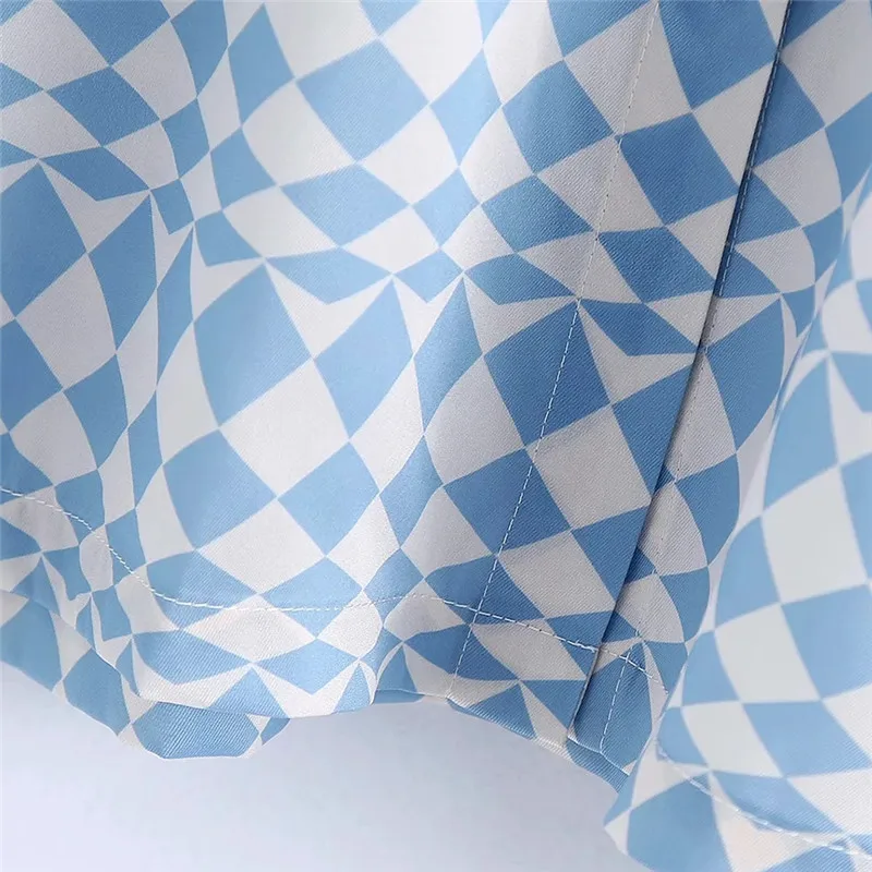 

PSEEWE Za Blue Geometric Print Women Shirt 2021 Short Sleeve Collared Button Up Oversized Shirt Woman Casual Summer Blouse