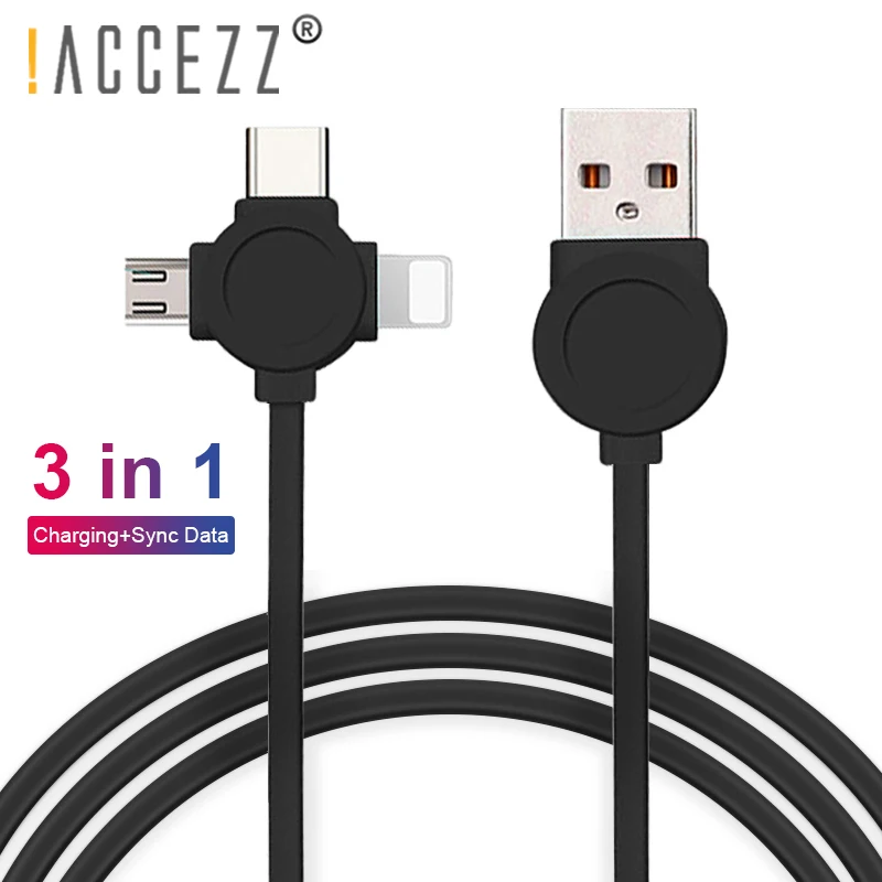 ! USB кабель 3 в 1 ACCEZZ для зарядки и передачи данных с подсветкой iPhone X XS MAX XR Micro Type C