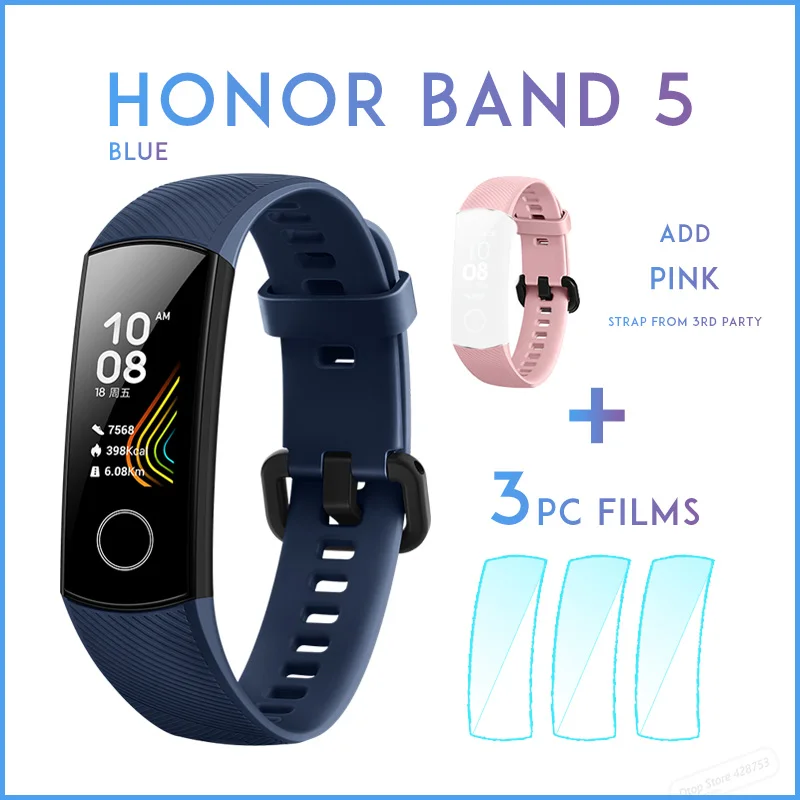 blue add PNK strap Умный Браслет huawei Honor Band 5, Оксиметр, волшебный цвет, сенсорный экран, для плавания, для обнаружения сердечного ритма, сна, сна - Цвет: blue add PNK strap
