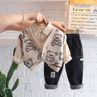 hylkidhuose baby boys clothing sets autumn infant cartoon bear knitted vest shirt pants children sportswear kids clothes outfit
