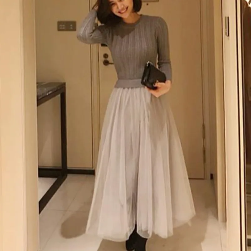 

2021 New Spring Autumn Women Sweet Sweater Dress Round Neck Mesh Knitted Stitching Female Loose Long Sleeve Robe Casual Vestidos