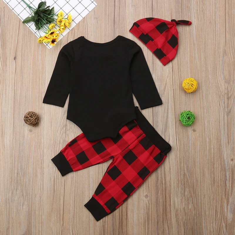 

Pudcoco US Stock Deer Newborn Baby Boy Xmas Clothes Jumpsuit Long Sleeve Romper Plaid Long Pants Hat Outfit 3pcs Set