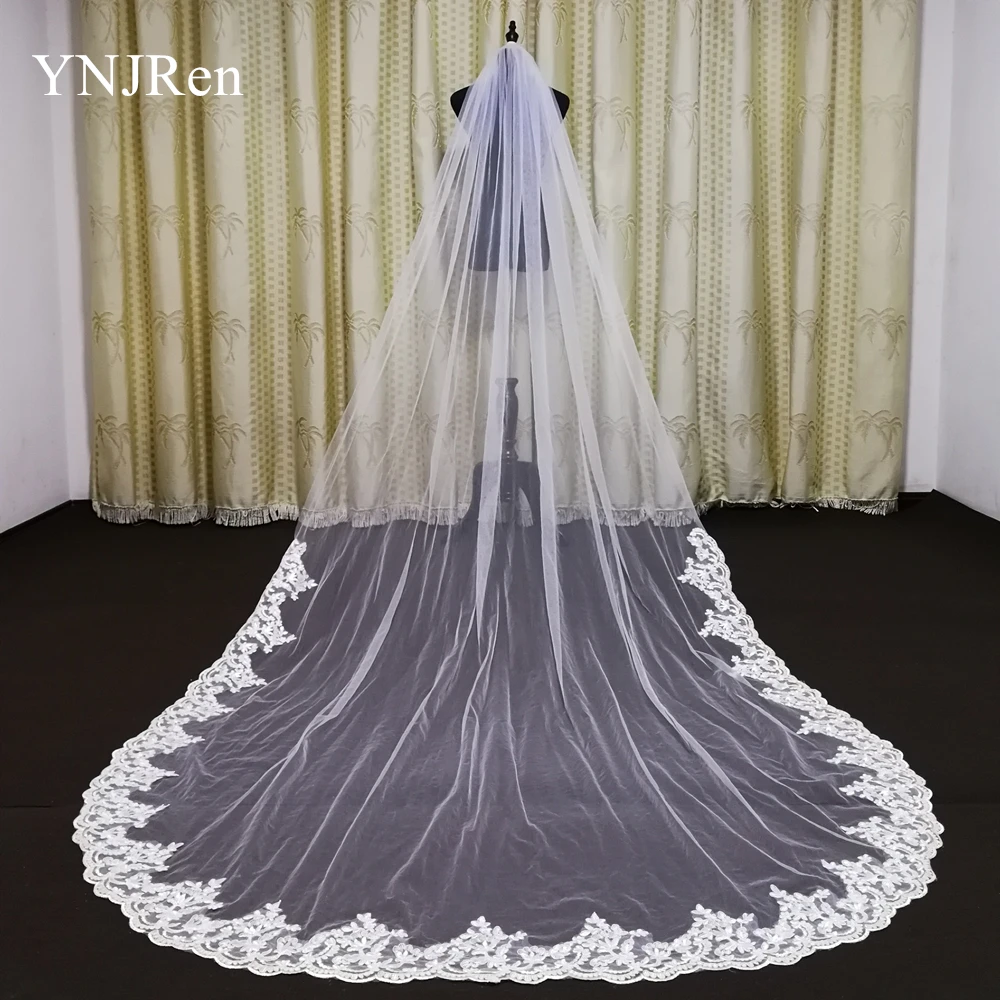 Фата свадебная с аппликацией длинная кружевом Белый/цвет слоновой кости для