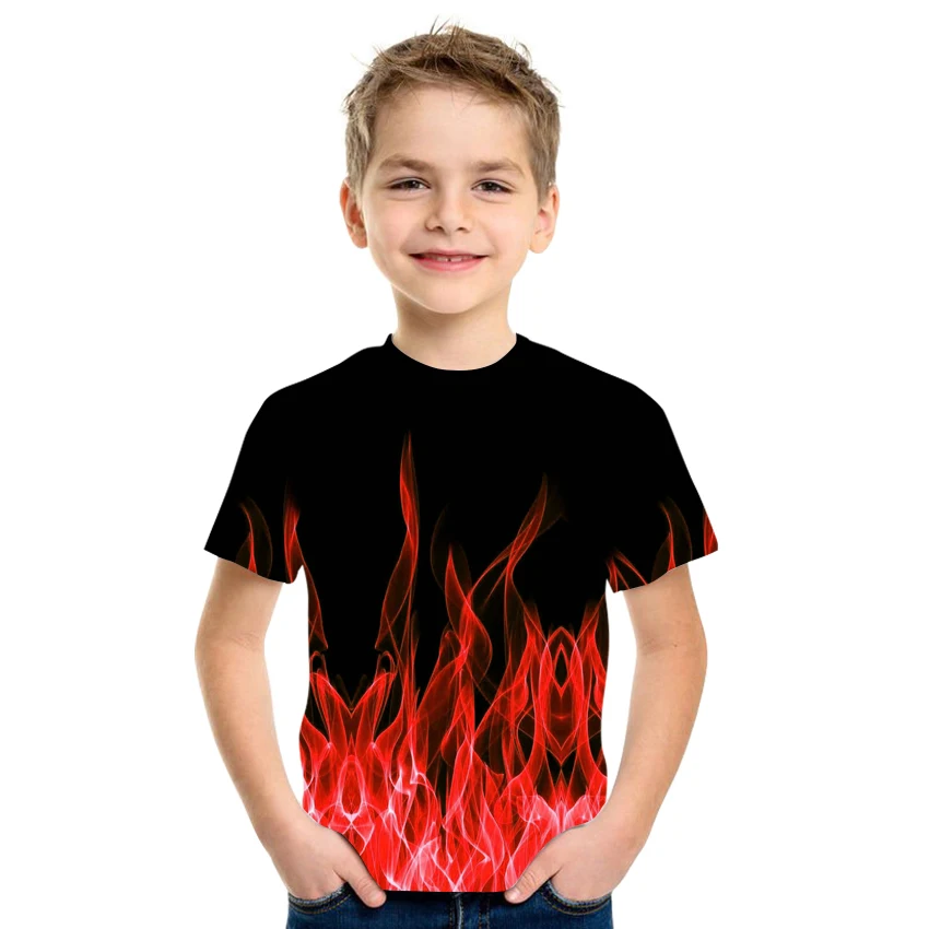 

2021New Summer 3D Printing Flame Pattern Boys And Girls Casual Breathable Short Sleeve T-Shirt 100-170