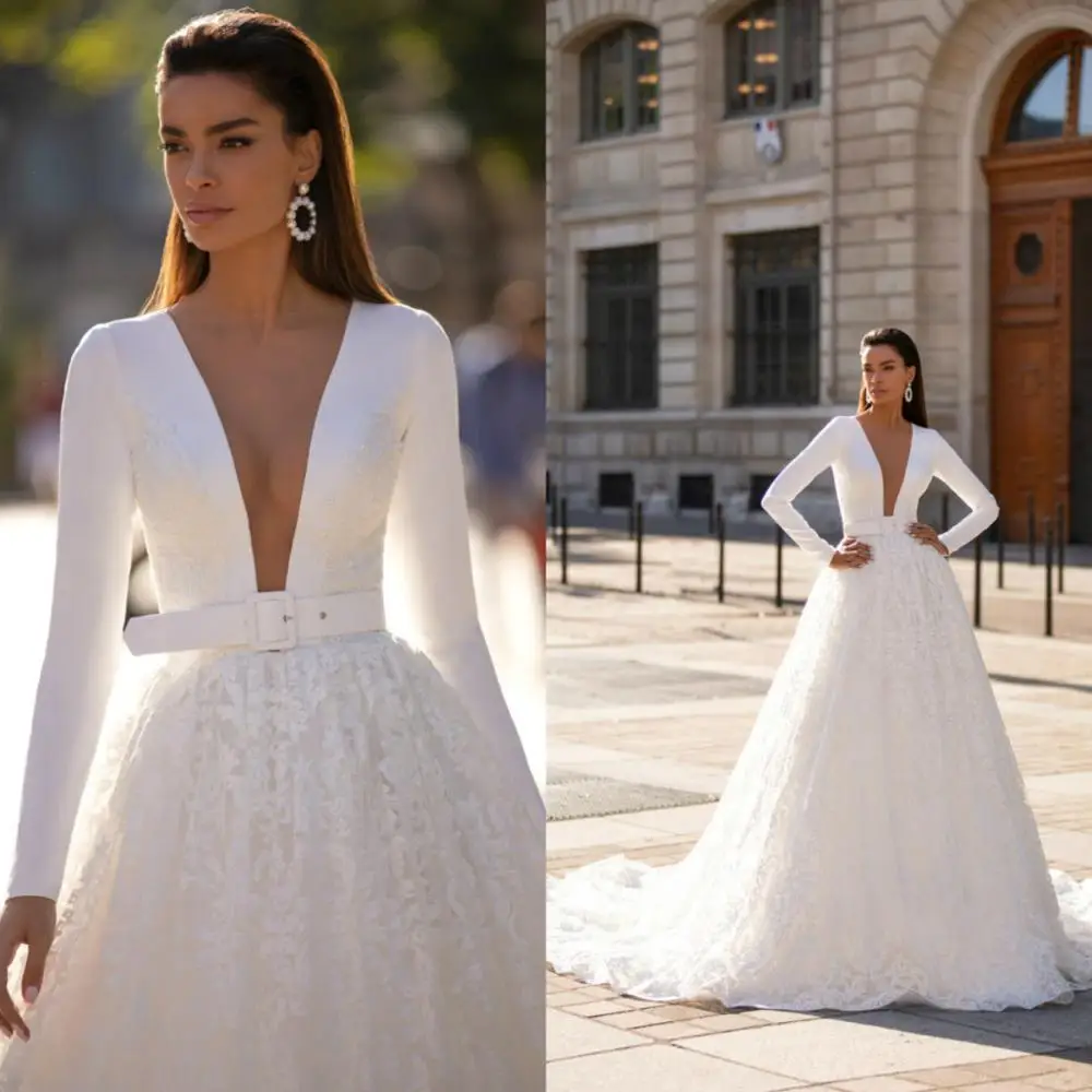

Скромное Свадебное платье с v-образным вырезом и длинным рукавом, богемная кружевная юбка, свадебное платье с аппликацией, свадебное платье,...