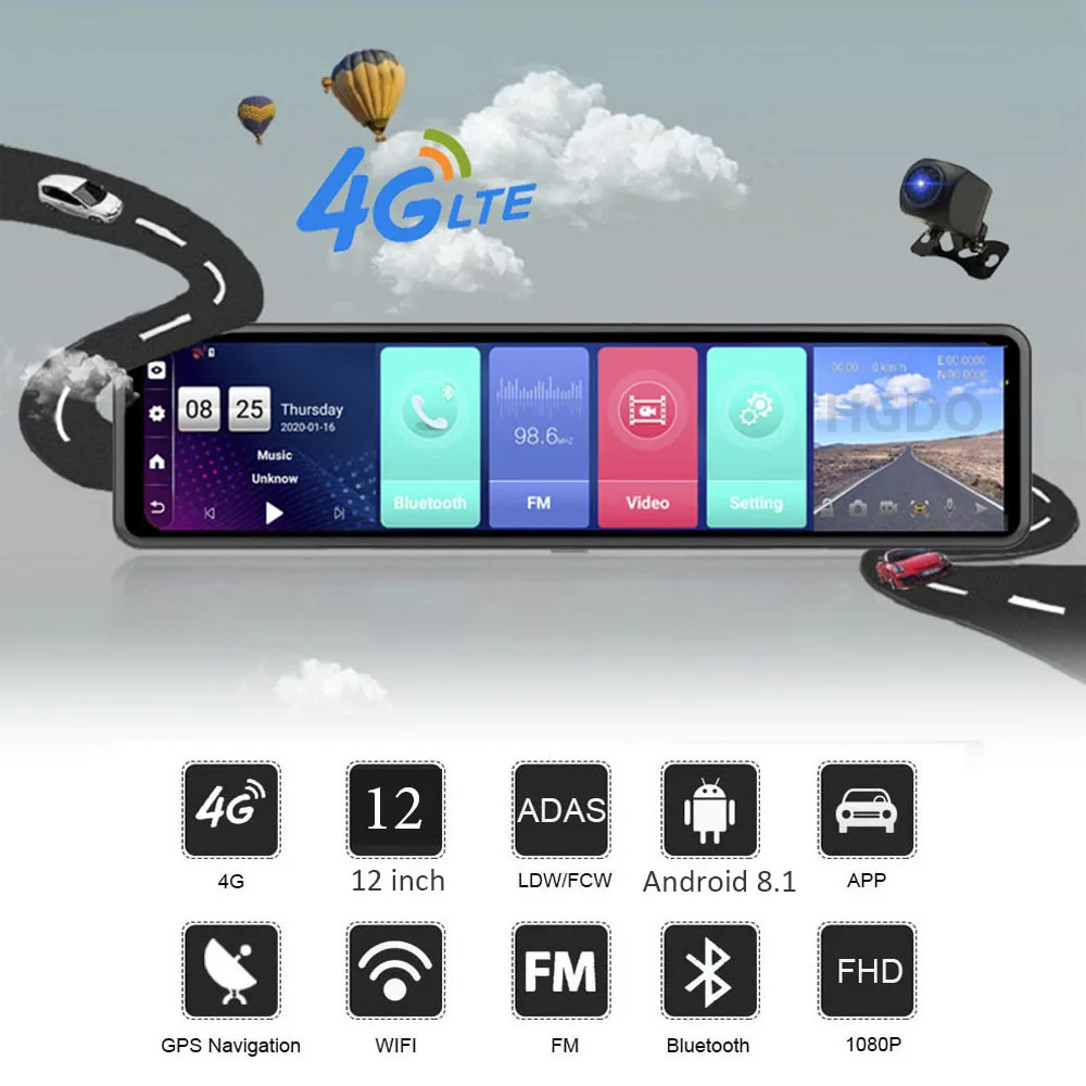 Зеркало видеорегистратор HGDO 12 дюймов Android 3 в 1 GPS Wi Fi|Видеозеркало для авто| |