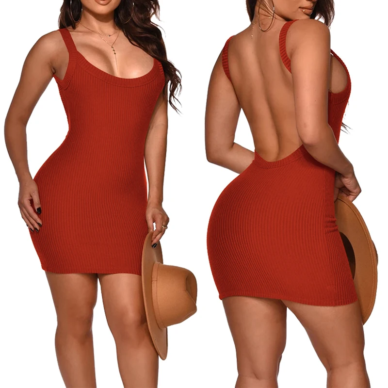 

IMCUTE Ribbed Knit Sling Dress Women's Sexy O-neck Sleeveless Halter Pencil Skirt Street Sexy Tight Hip Skirt Party Club Dress