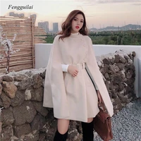 korean new style solid color loose cape coat collect waist woolen medium long coat women winter tops for woman