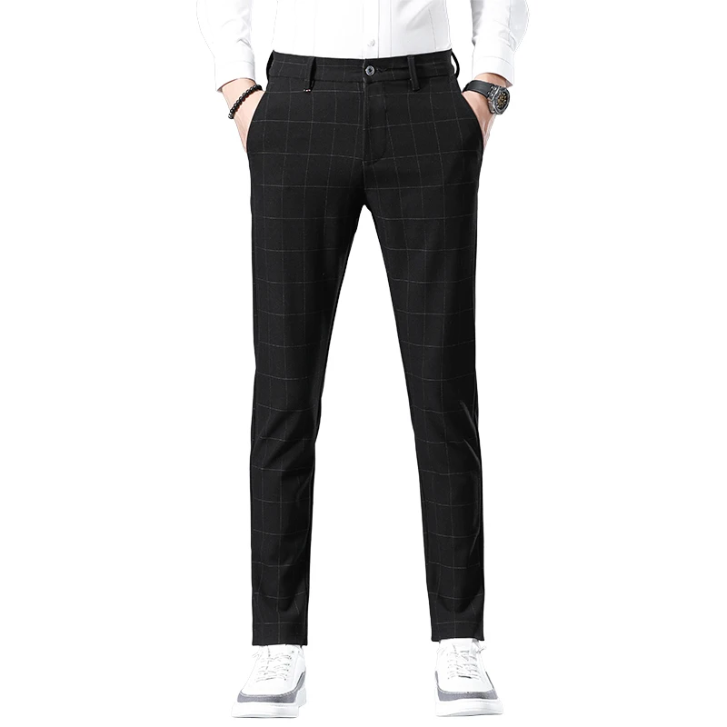 

2021 spring autumn fashion brand men's slim casual stretch trousers men lattice business formal trousers long Pants Brand male