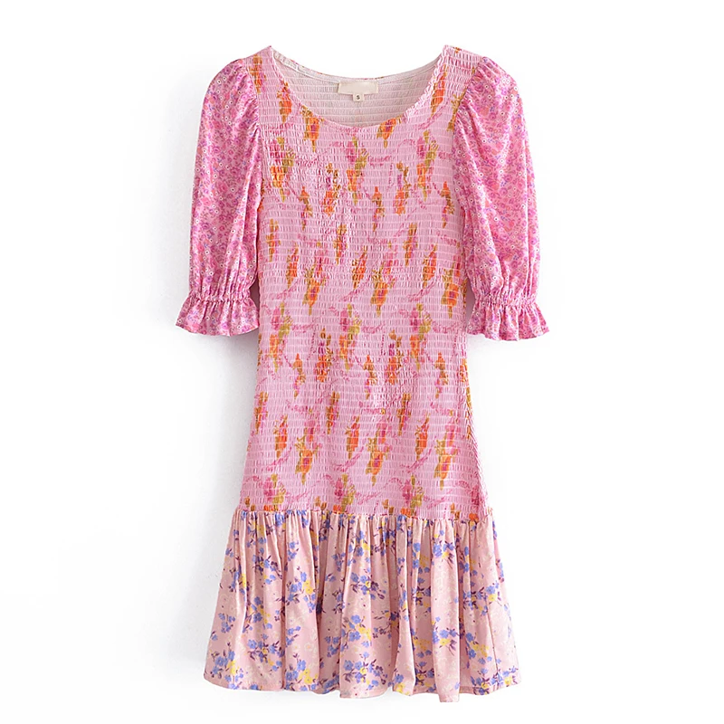 

YENKYE New Spring Women Vintage Matching Color Floral Print Elastic Dress Ladies O Neck Puff Sleeve Vestido Mujer Short Robe