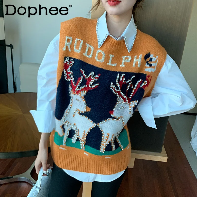 

Diamond-Embedded Cartoon Wool Sweater Vest Women 2021 New Autumn Winter Clothes Sleeveless Sweater Waistcoat Vest White Shirt