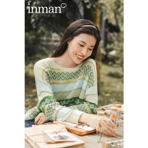 INMAN, весна-осень, свежий стиль, слегка эластичный, круглый воротник, Жаклин, Полосатый пуловер, трикотажный свитер