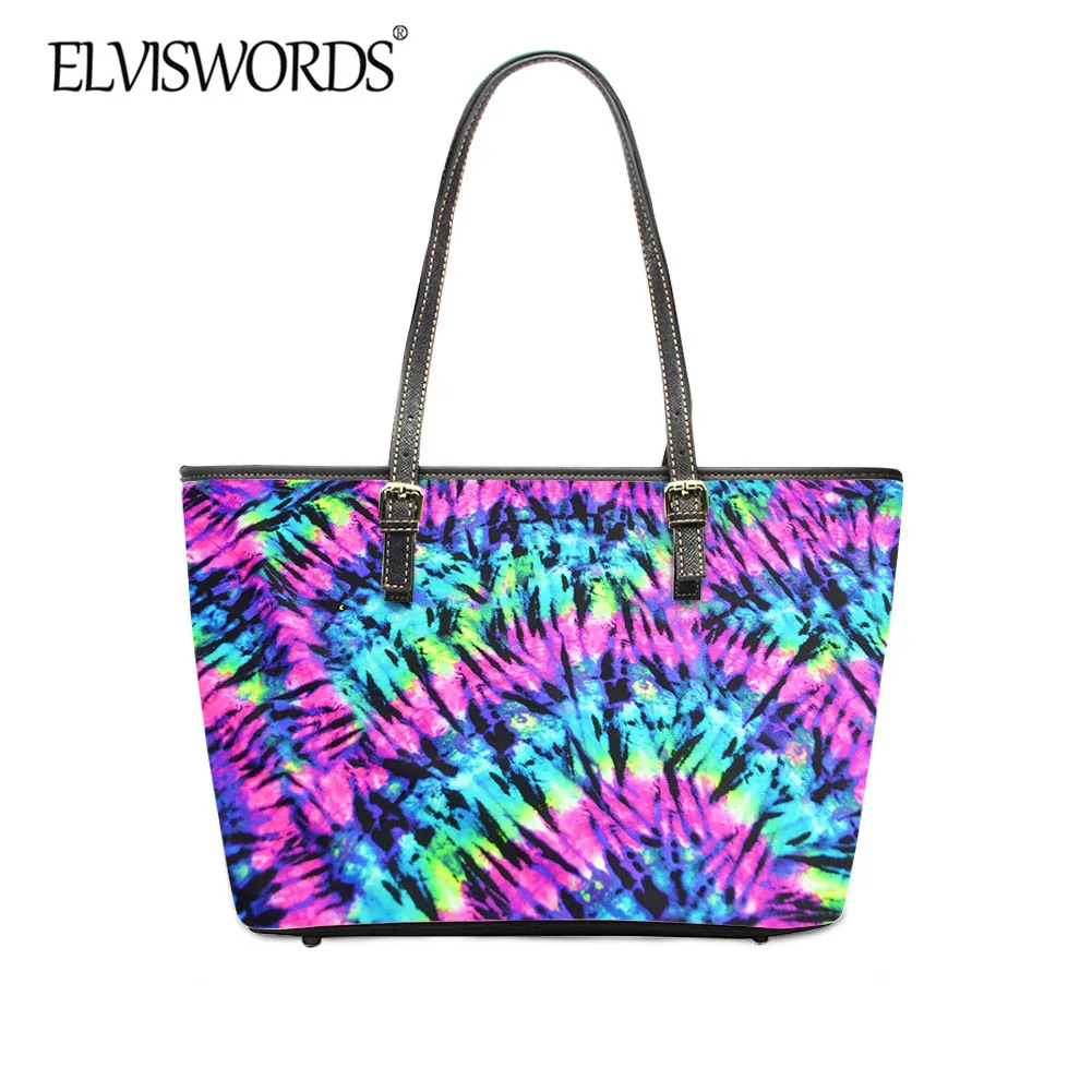 

ELVISWORDS, 2020, модная женская сумка-тоут с рисунком Tie Dye, фирменный дизайн, искусственная кожа, разноцветная большая сумка через плечо для девуше...