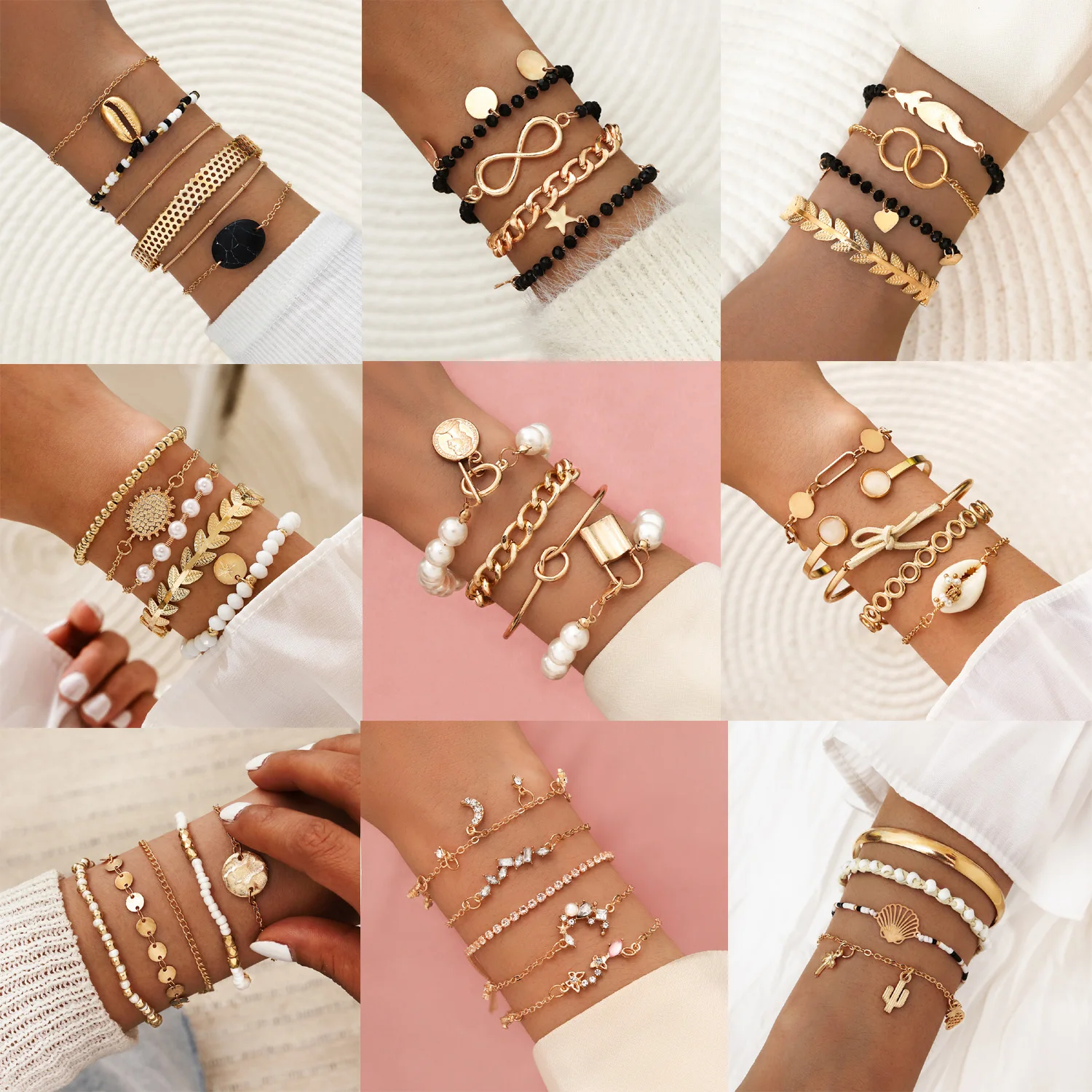 Набор браслетов Wgoud Boho с бусинами для женщин, модные многослойные цепи с камнями, регулируемые браслеты с круглой ракушкой, ювелирные изделия.