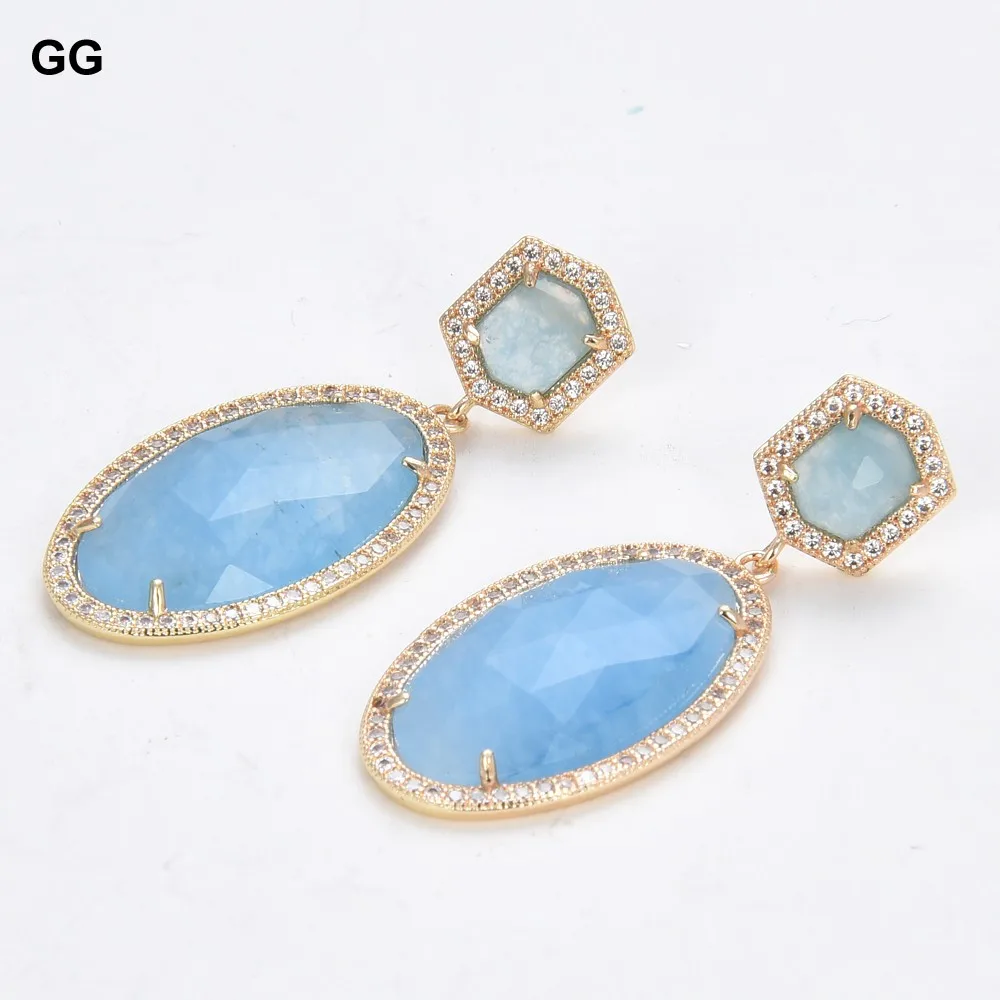 

GG Jewelry Natural Sky Blue Jades Oval Gems Real Stone Cz Paved Stud Dangle Stud Earrings Cute For Women