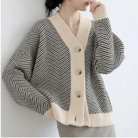 lazy style v neck striped knitted cardigans sweater women retro korean chic long sleeve coat fashion outerwear loose female tops